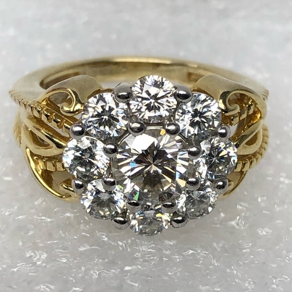 JTV Jewelry - Moissanite Fire Ring 14K Yellow Gold Over 925 Silver Cluster Flower Size 6